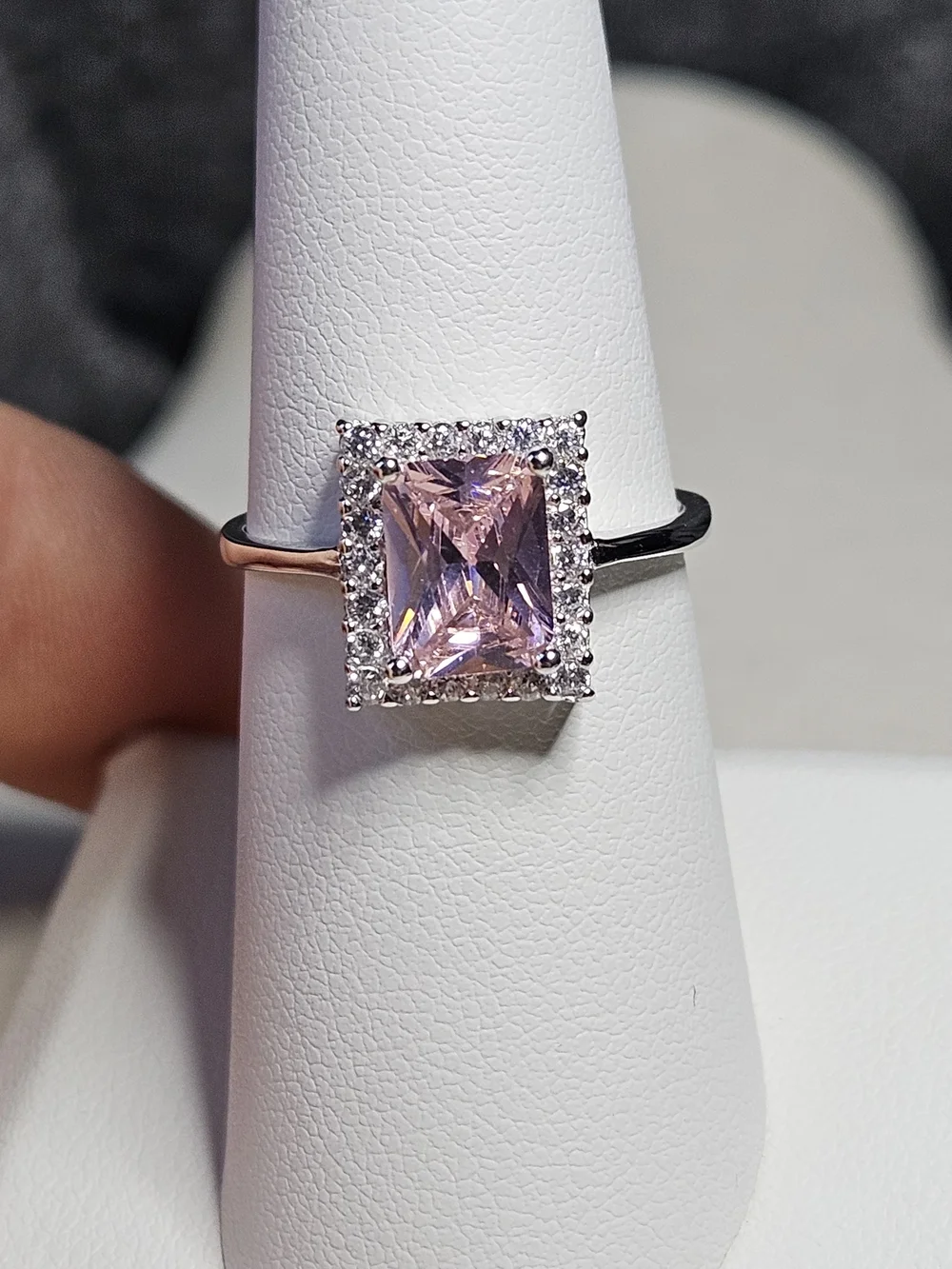 Sterling Silver Ring with Pink Rectangular Center Stone and Halo